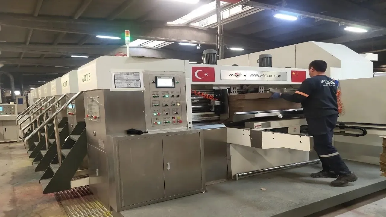 Model ATFG‑IV Fixed Type Flexo Printer Slotter Die‑Cutter with Folder Gluer working in Turkey